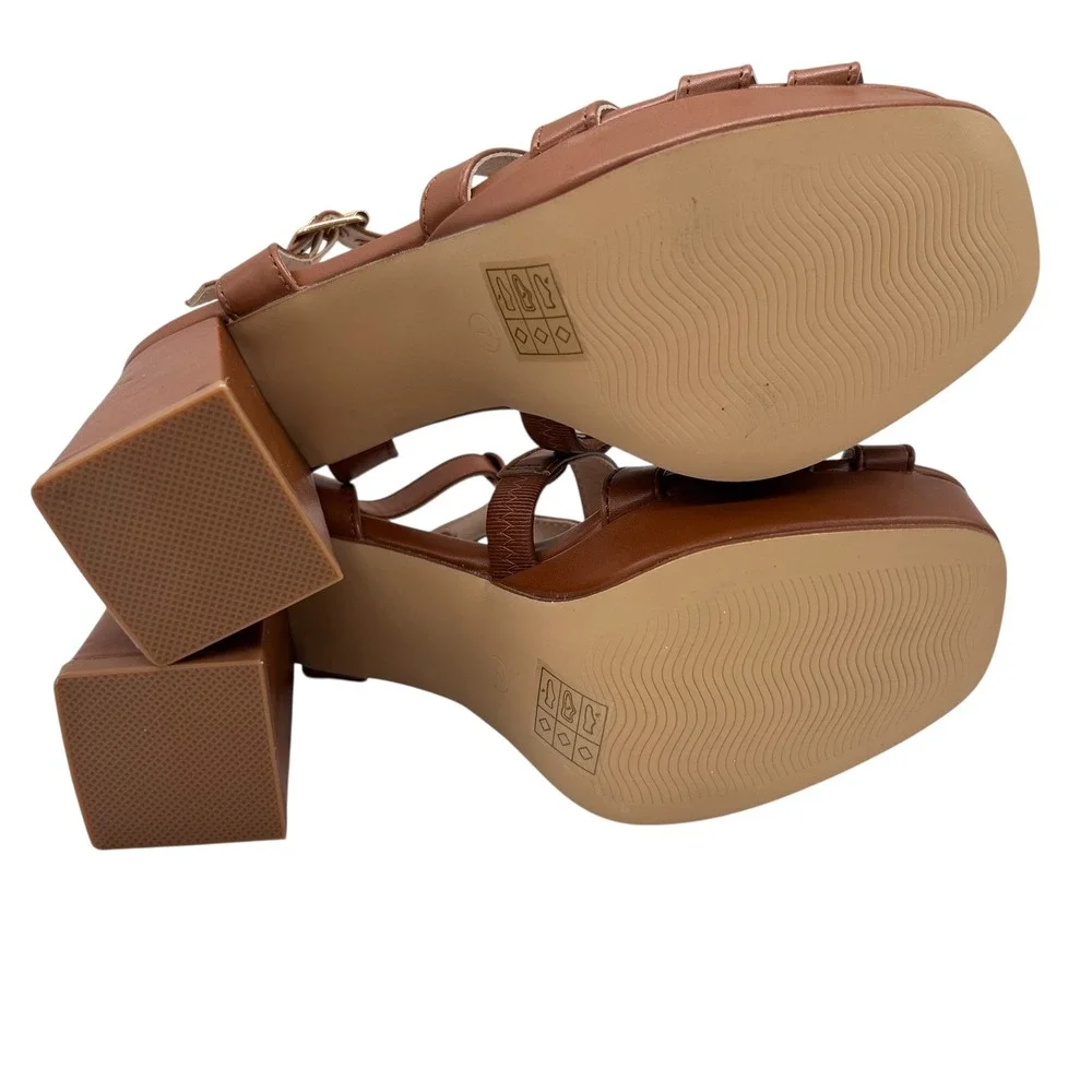 Allegra‎ K Platform Heel Sandals Womens 7 Brown Strappy Cage T Strap Block Heel